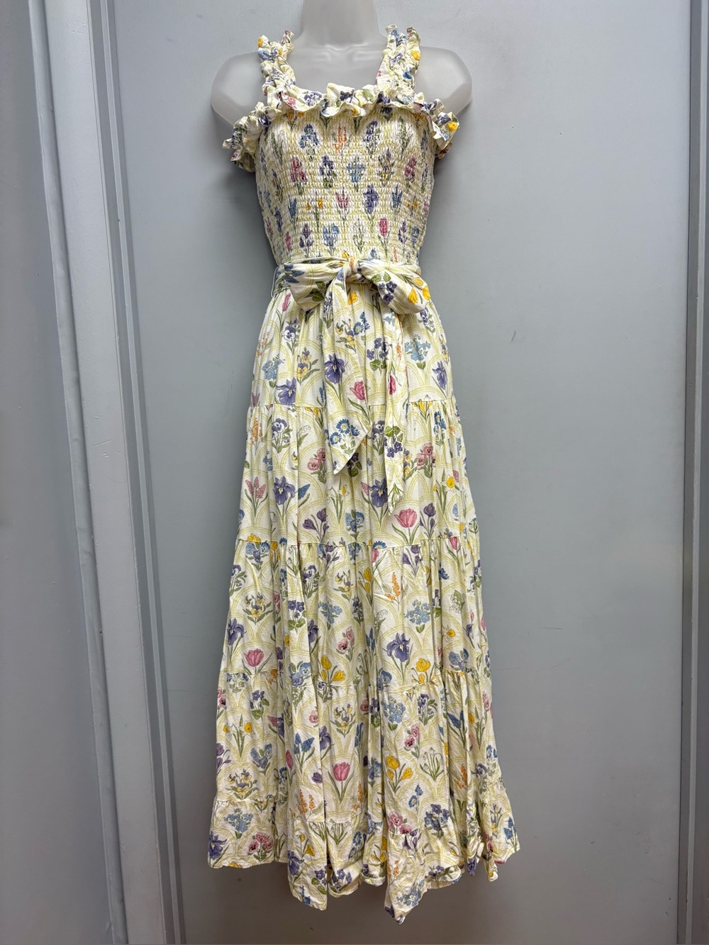 Aura Women’s Floral Linen Blend Smocked Tiered Maxi Dress Size S